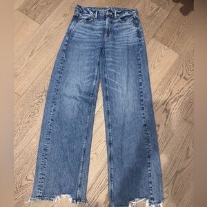 American Eagle Outfitters Blue Wide-Leg Raw Hem Jeans